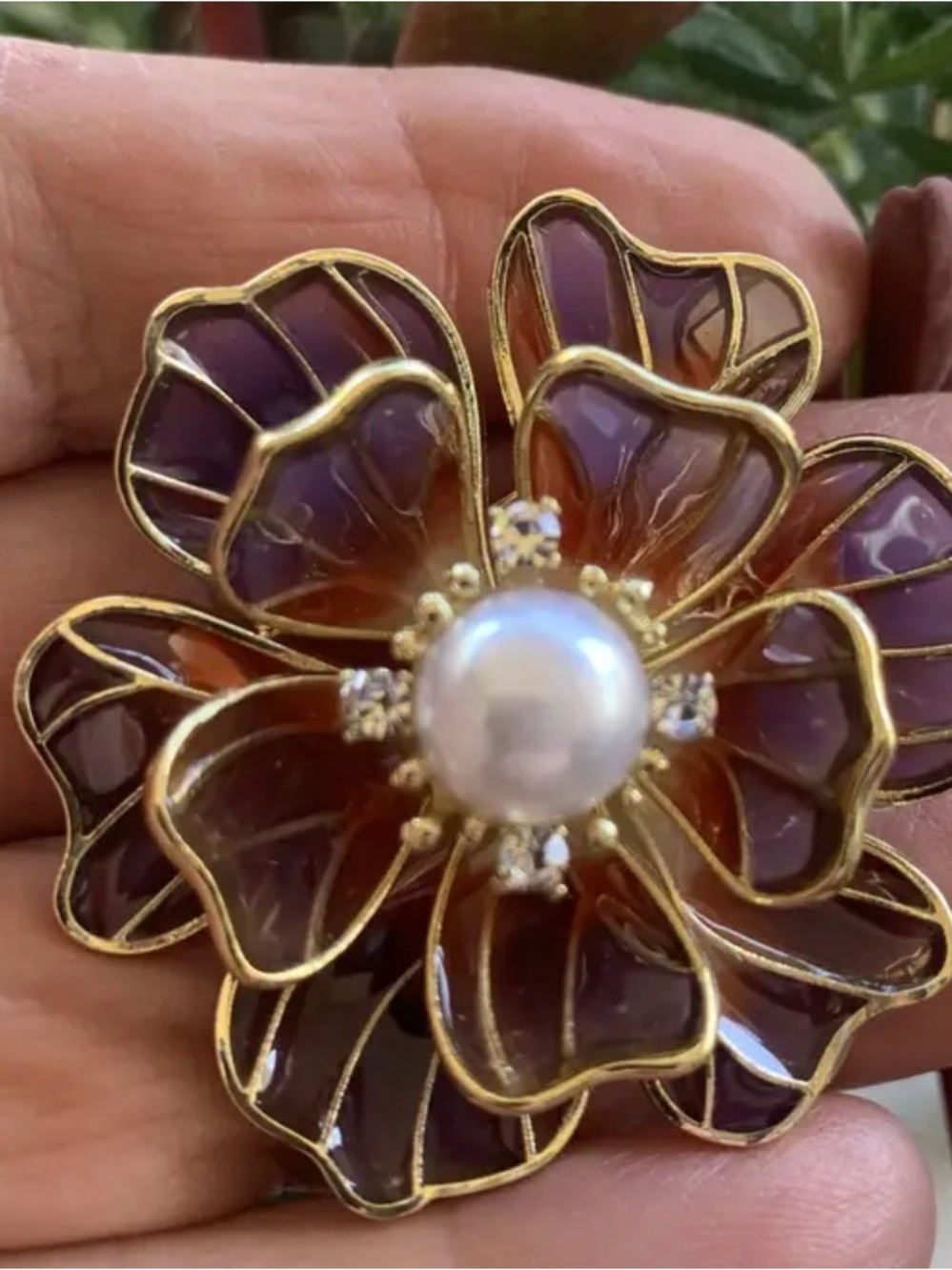 Gold-Tone Floral Brooch with Purple and Brown Enamel and Pearl Center